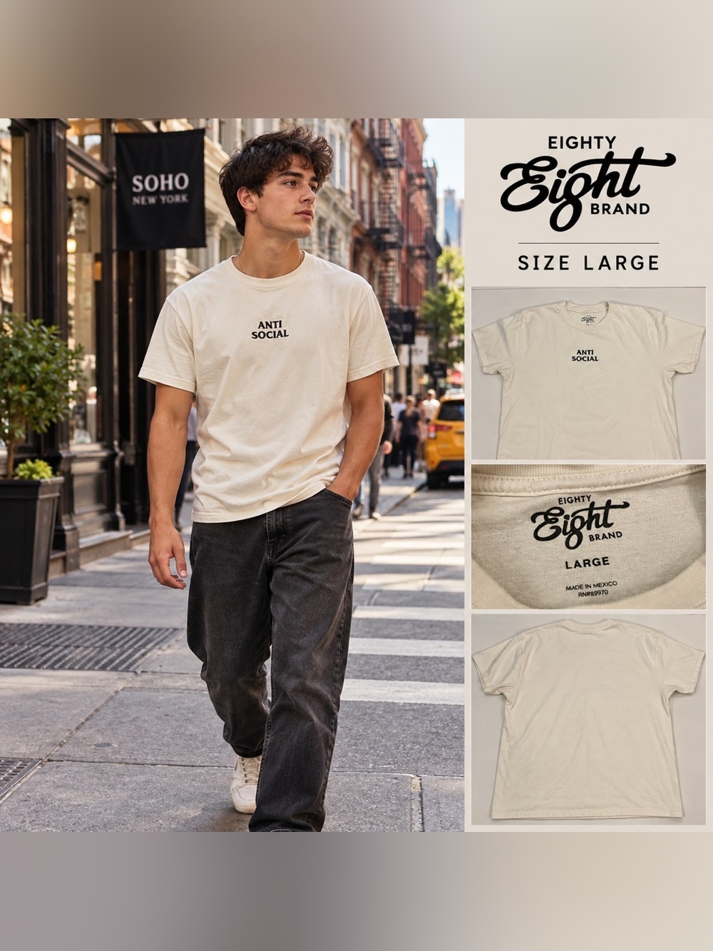 Eighty Eight Cream 'ANTI SOCIAL' Short Sleeve Tee Men Size L